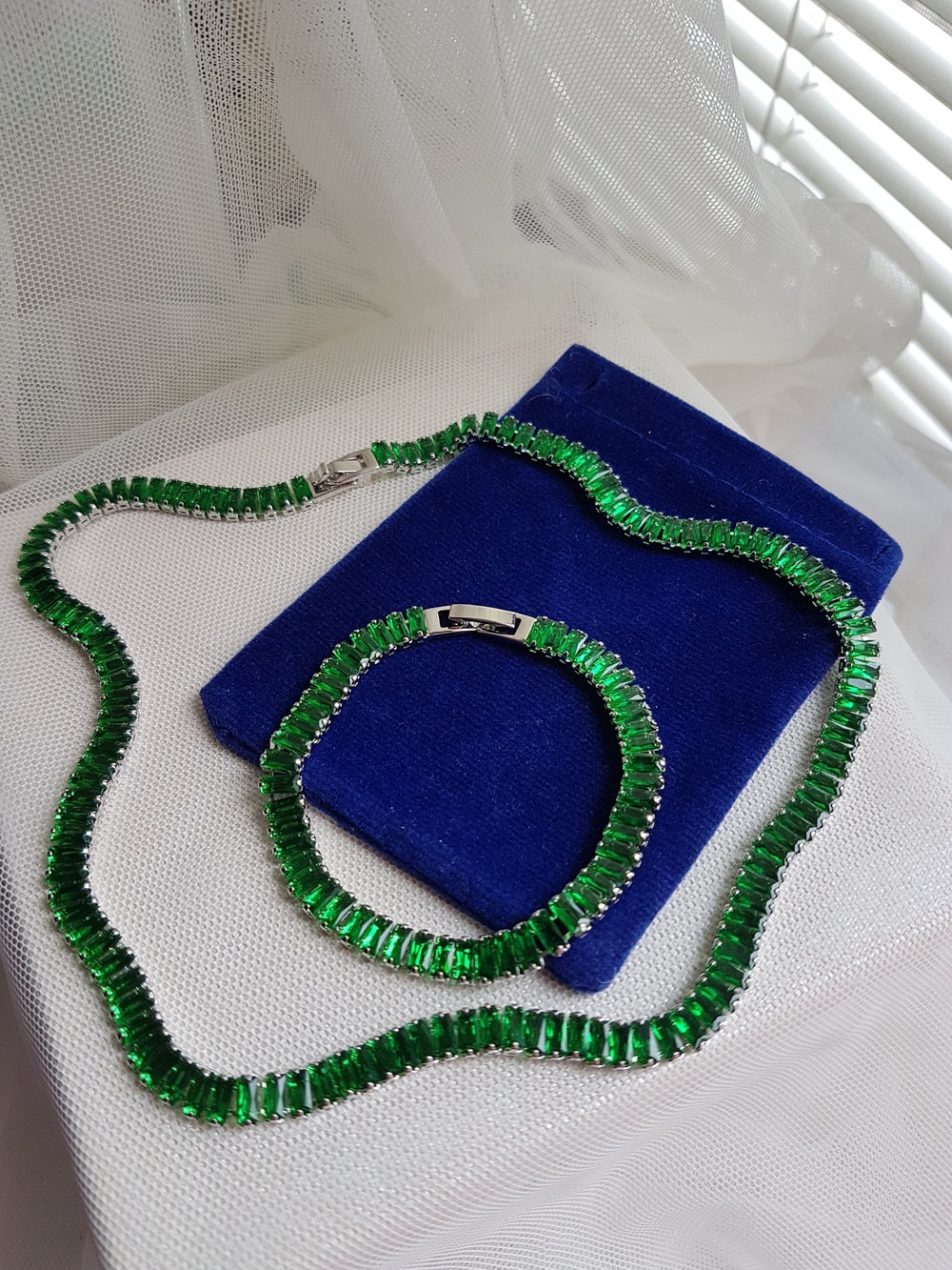 Swarovski Elements Silver Emerald Green Emerald-cut Baguette Tennis Necklace NEW - Picture 10 of 17